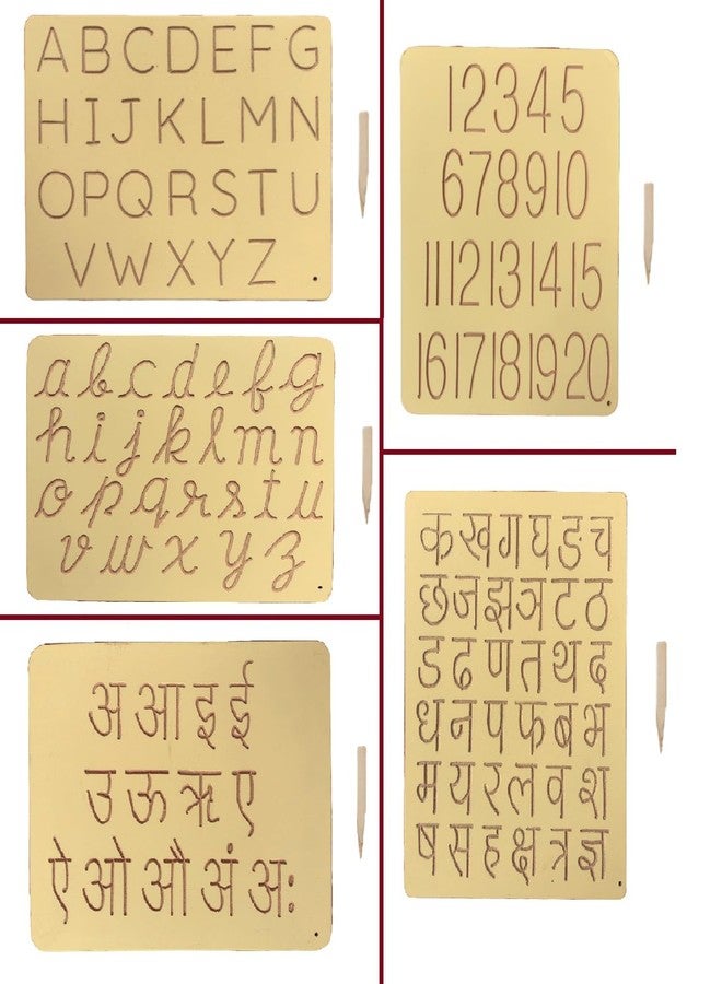 RCW Educational Wooden Tracing Board for Kids | Handwriting and Learning Slates for Children | Set of 5 Capital, Hindi Varnamala & Ka KHA, Number, Small Cursive - Image 1